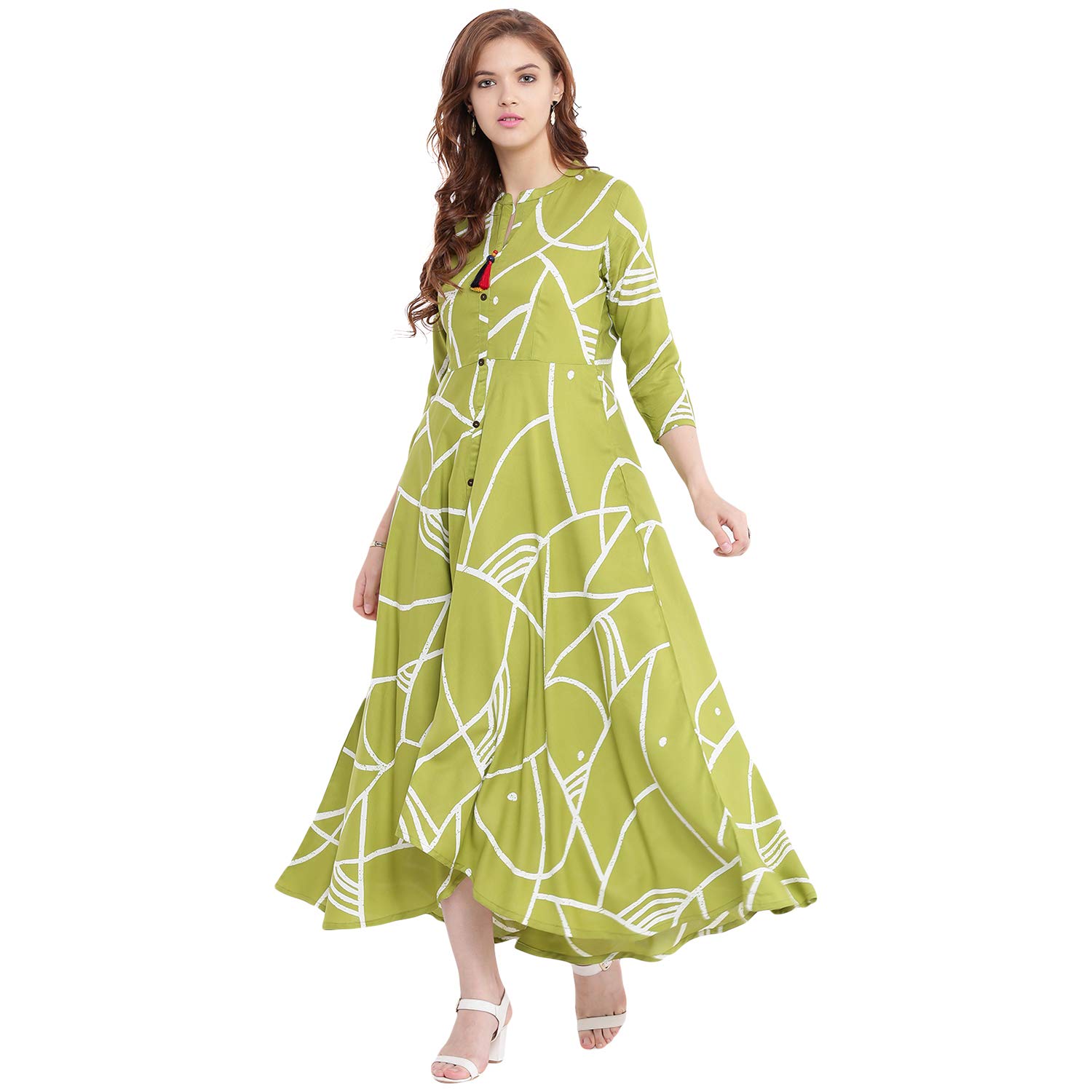 voom women's printed flared kurta (green)