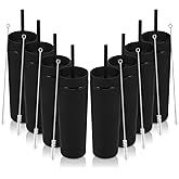 Volhoply 16oz Plastic Skinny Tumbler with Lid and Straw Bulk 8 Pack,Insulated Double Wall BPA Free Matte Acrylic Tumblers,Iced Coffee Travel Mug Reusable Party Cup,Customizable Diy Gifts(Black,8 Set)