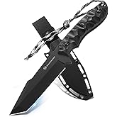 DRACHENADER Tanto Fixed Blade Knife with Sheath, Tactical Knife for Men Survival Full Tang Design (E-Full Black)
