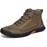 Baiquwo Men's Hand Stitching Leather Lace-Up Flat Chukka Ankle Boots Mid-Top Lightweight Round Toe Non-Slip Casual Sneakers Shoes for Walking Outdoor Hiking Driving Daily Wear