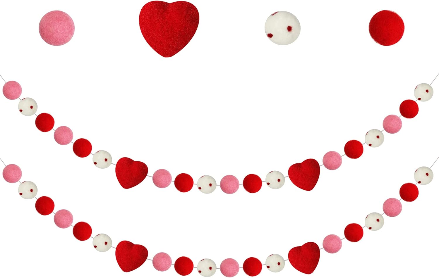 Wreaths, Garlands & Swags - 2 Pcs Valentine's Day Felt Ball Garland with Red Heart - Valentines Decorations - Red Pink White Pom Pom Garland for Home Tree-Valentines Day Indoor Outdoor Home Fireplace Mantle Room Hanging Decor