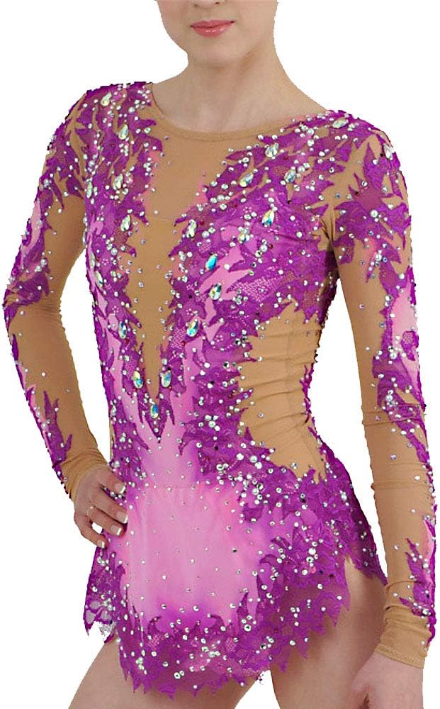 Rhythmic Gymnastics Leotards Artistic Gymnastics Leotards Women's Girls' Leotard Purple Spandex High Elasticity Handmade Jeweled Diamond Look Long Sleeve Competition Dance Gymnastics