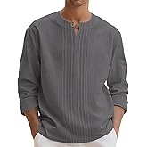 Men's Linen Shirts Casual Long Sleeve Pleated Front T-Shirt Button Henley Collared Loose Lightweight Pullover Top