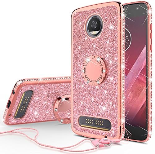Glitter Cute Phone Case with Kickstand Compatible for Moto Z2 Play Case, Moto Z2 Force Case, Bling Diamond Rhinestone Bumper Ring Stand Sparkly Clear Thin Soft Protective for Girls Women - (Rose Gold)