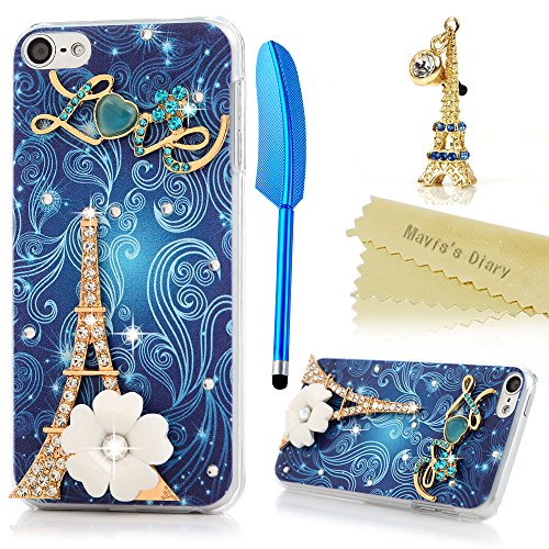 Mavis's Diary iPod Touch 6 Case 3D Handmade Bling Crystal Golden Eiffel Tower White Flower Blue Vines Sparkly Diamonds Gems Clear Frame Hard PC Cover for iPod Touch 6th Generation & Dust Plug & Stylus (Best Black Friday Deals On Ipod Touch 5th Generation)