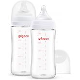 Pigeon Glass Baby Bottles Wide Neck, 8.1 Oz, Pack of 2 | Borosilicate Glass, Anti-Colic Bottle, Natural Feel, Safe Feeding, Easy to Clean, Includes 2pcs M Nipples (3M+)