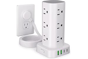 UWIWUTEI Power Strip Tower with Multiple Outlets, Flat Plug Surge Protector Tower Extension Cord with 12 AC Outlets 4 USB Ports (2 USB C), 6FT Cord Power Tower Surge Protector for Home Office Dorm Room, White