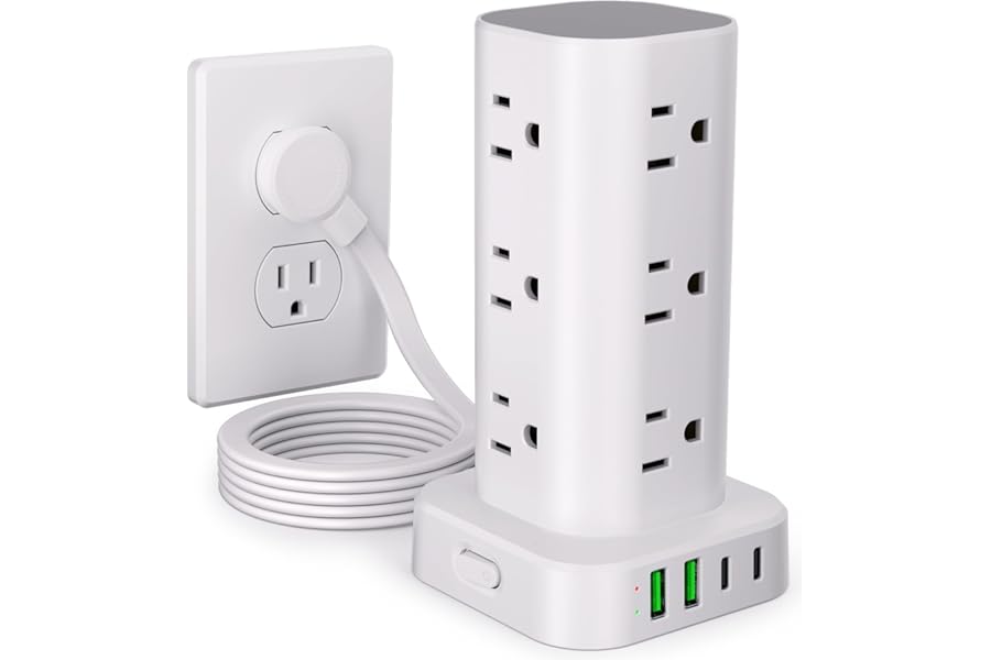 Power Strip Tower with Multiple Outlets, Flat Plug Surge Protector Tower Extension Cord with 12 AC Outlets 4 USB Ports (2 USB C), 6FT Cord Power Tower Surge Protector for Home Office Dorm Room, White