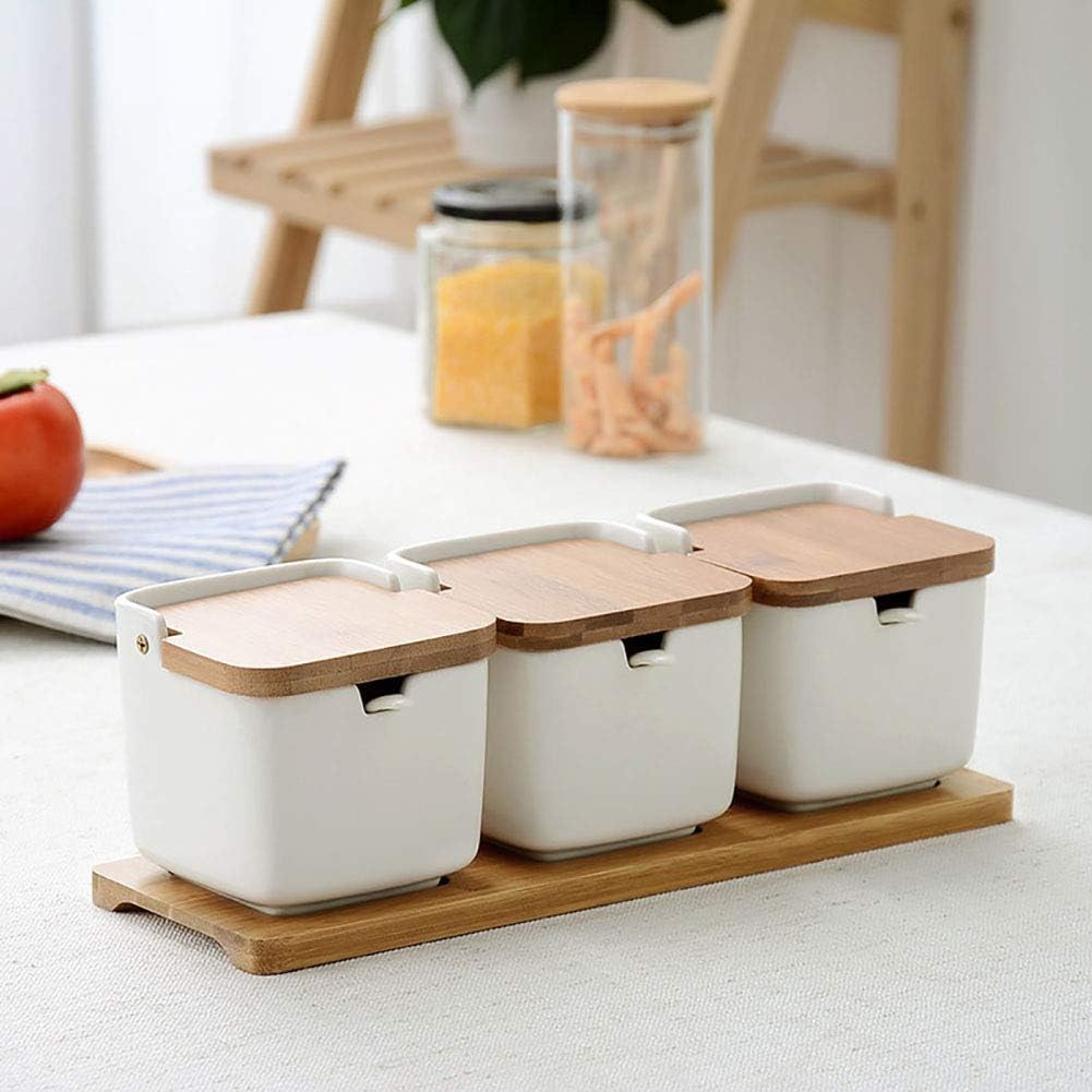 Hossejoy Ceramic Sugar Bowl, Porcelain Salt Container with Bamboo Lid and Sugar Spoon, Muti-Functional Sugar Condiment Containers for Sugar Bowl Serving Tea, Coffee, Spice, Salt (White)