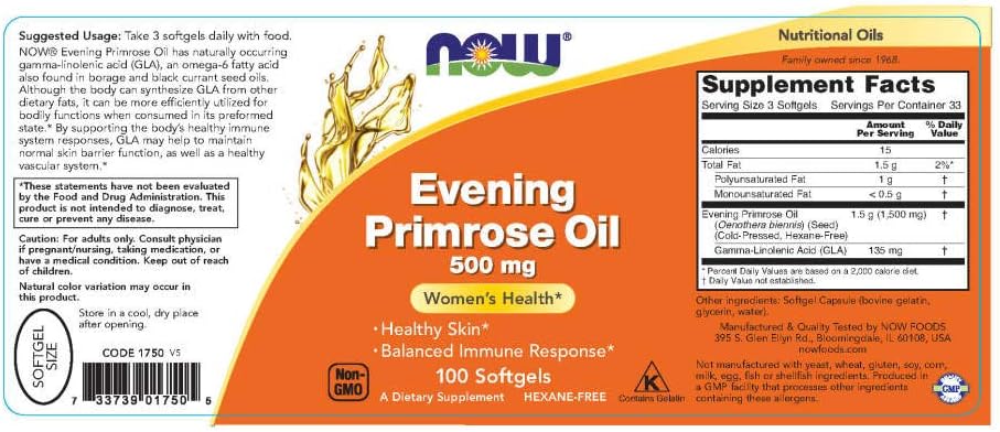 NOW Supplements, Evening Primrose Oil 500 mg with Naturally Occurring GLA (Gamma-Linolenic Acid), 100 Softgels: Health & Personal Care