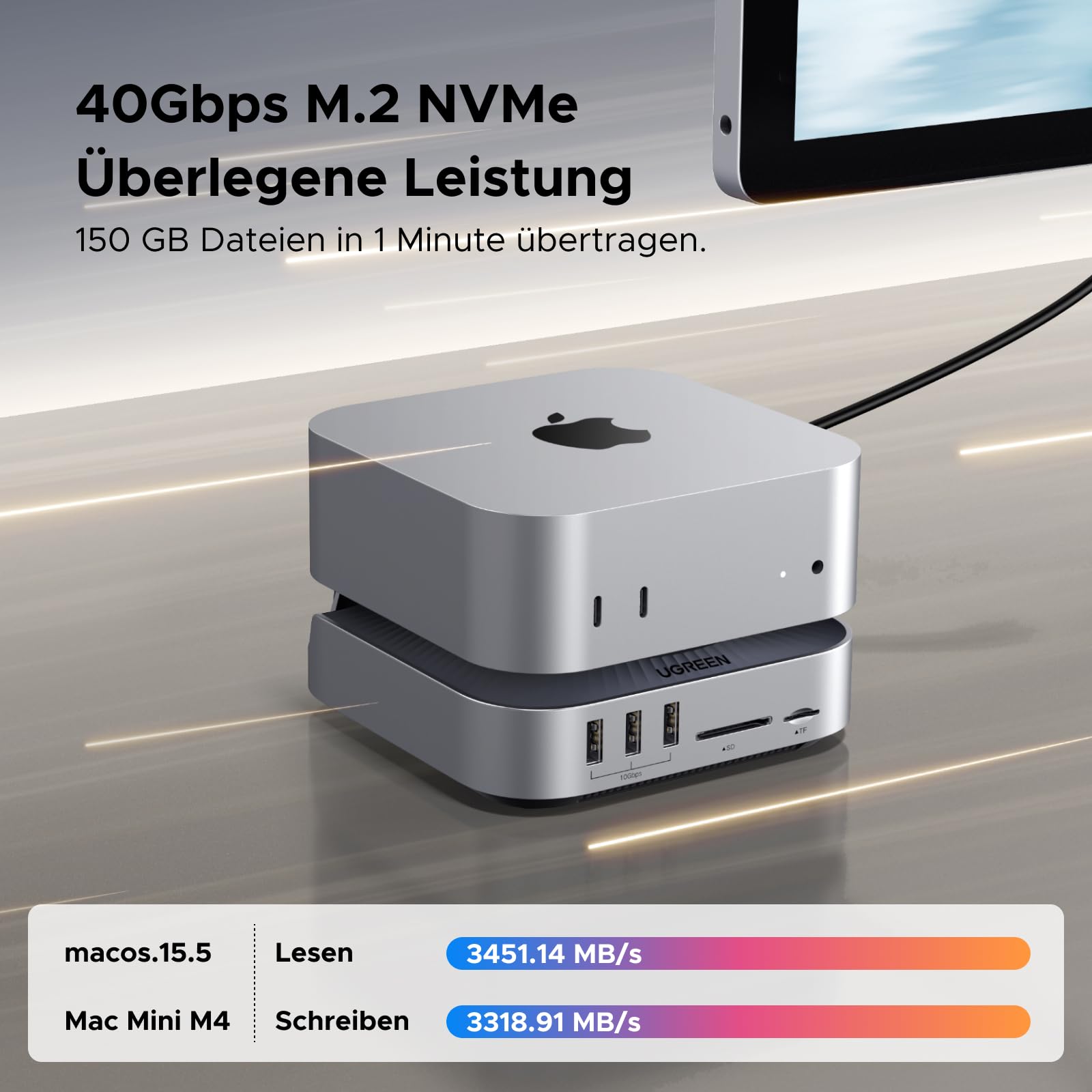 UGREEN Mac mini M4 Dock 40Gbps M.2 NVMe SSD Gehäuse, 5X 10Gbps USB-Anschlüsse, Docking Station mit HDMI(8K@30Hz max.) für Dual Display, SD/TF 4.0 & 3,5mm Aux – Kompatibel mit Mac mini M4/ M4 Pro 2