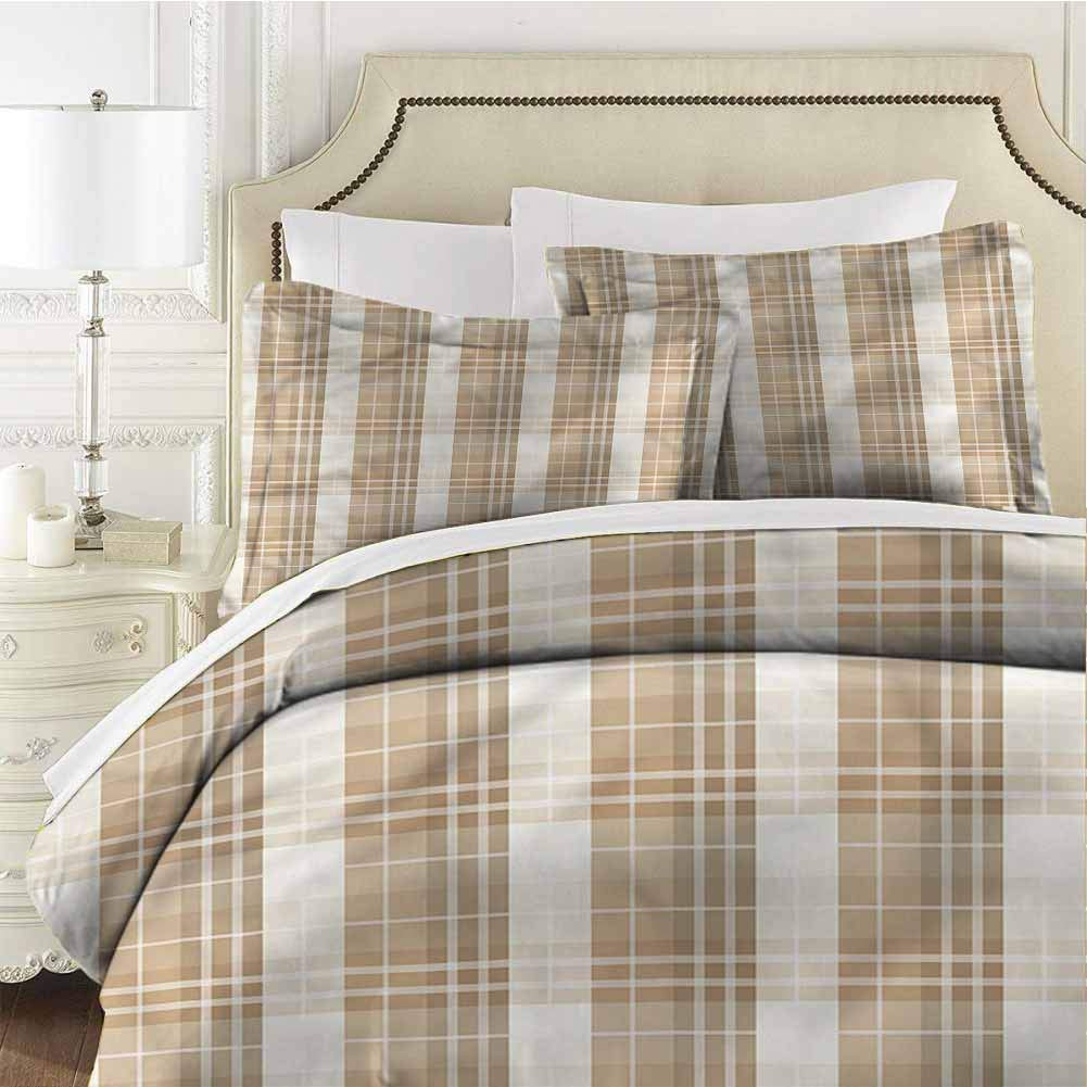 Cream Bedding Set Full Checkered Pattern Vintage Twin (68x90 inches) - 3 Pieces (1 Duvet Cover + 2 Pillow Shams) - with Zipper Closure Ultra