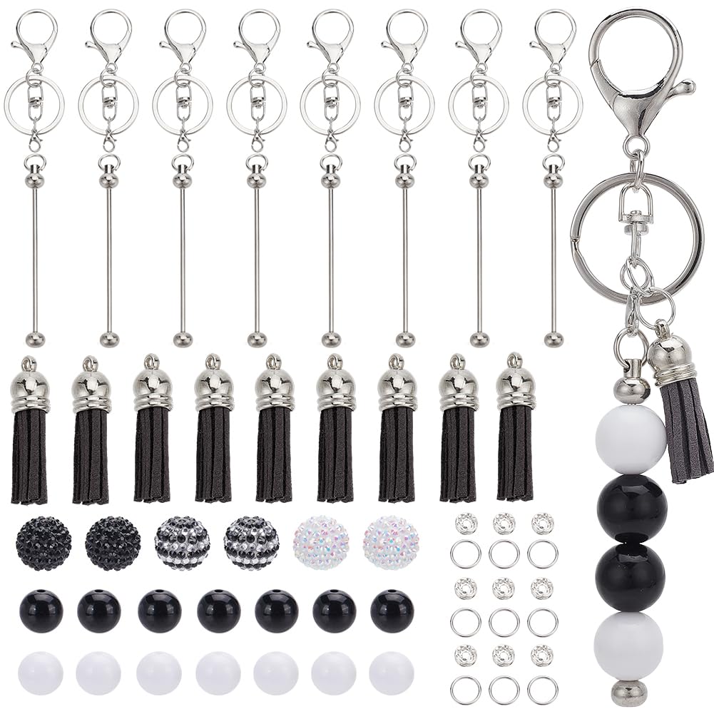SUNNYCLUE DIY 6 Sets Beadable Keychains Making Kit Halloween Keychain Set Beadable Keychains Black White Rhinestone Beads for Key Chains Crafts Teachers Students Gifts Office School Gift Supplies