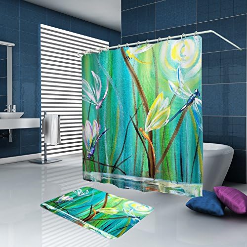ALFALFA Bathroom Decorative Polyester Fabric Waterproof Shower Curtain With Hooks, Spring Themes Abstract Painting 60" W x 72" H (150CM x 180CM) - Dancing Dragonfly