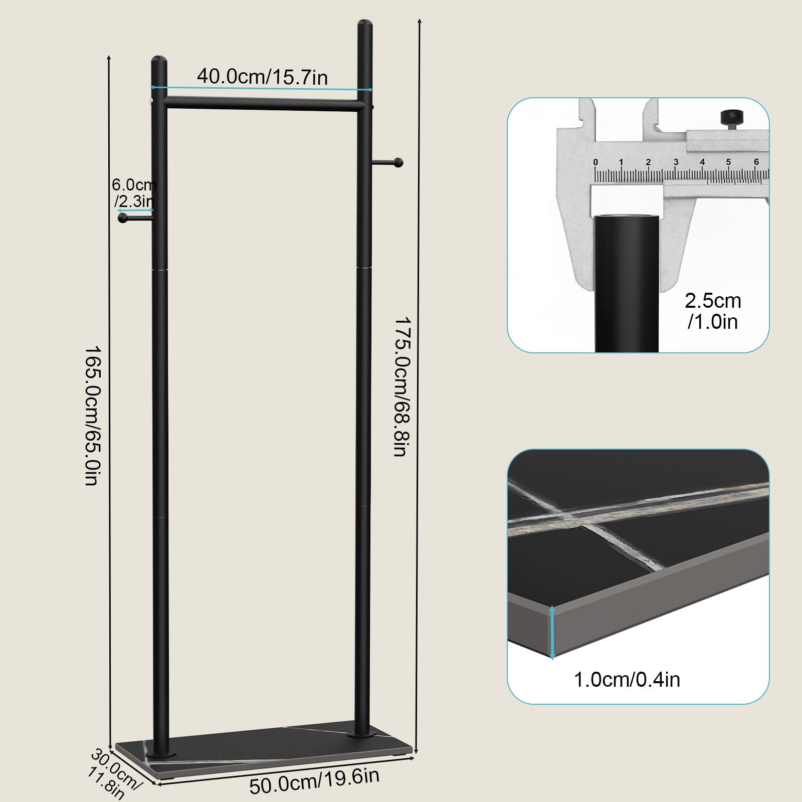 OUTBROS Kleiderständer mit Rock Slab Base, Stehende Kleiderstange aufbewahrung für den Innenbereich-Garderobenständer mit 2 Haken-50cm Breiter, Strapazierfähiger Coat Rack aus Metall (Schwarz) 4