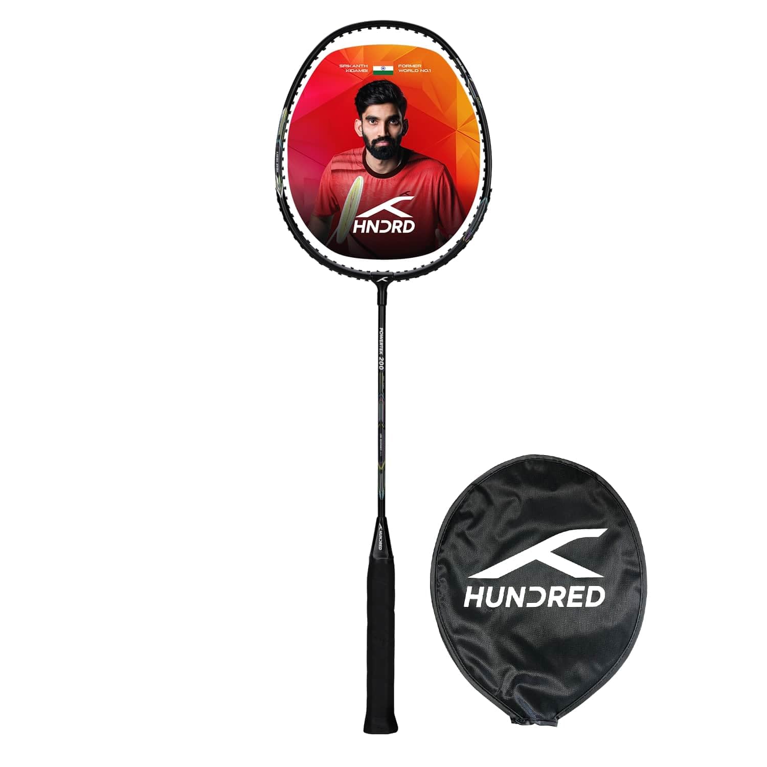 HUNDRED Powertek 200 PRO Badminton Racquet with Head Cover (Black, Size:Standard,Grip Size:G5) | Strung | Material:Aluminium|For Intermediate Players|Weight:95 grams|Maximum String Tension- 18-20lbs