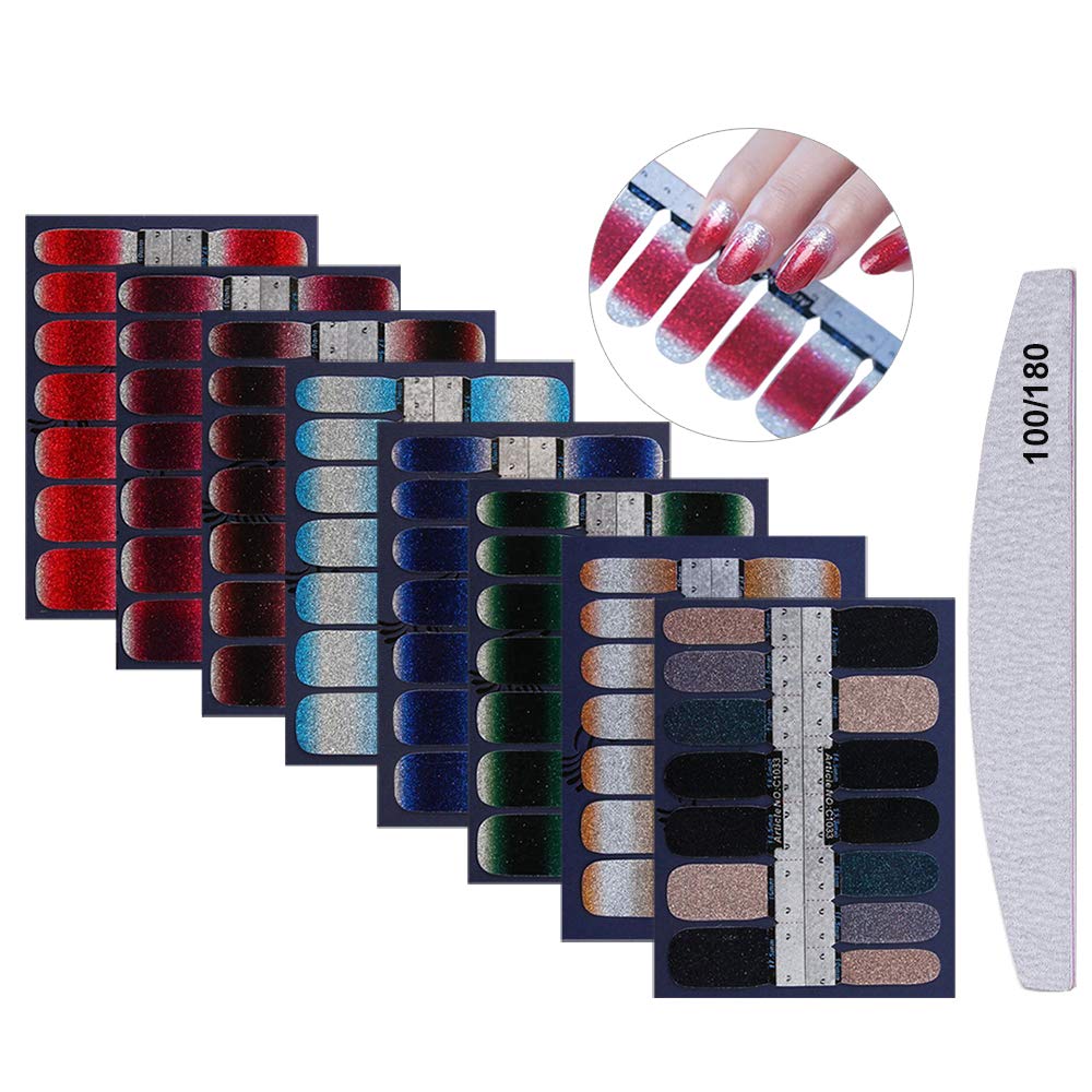 8 Sheets Full Wraps Nail Polish Stickers with 1 Pcs Nail File, Mwoot Self-Adhesive Nail Art Decals Strips Gradient Glittery Manicure Kits for Women