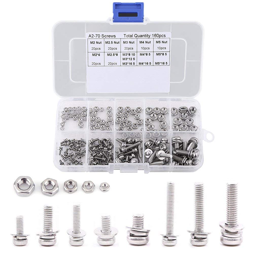 160Pcs M2 M2.5 M3 M4 M5 Stainless Steel SS304 Pan Head Screws Nuts Assortment Accessory