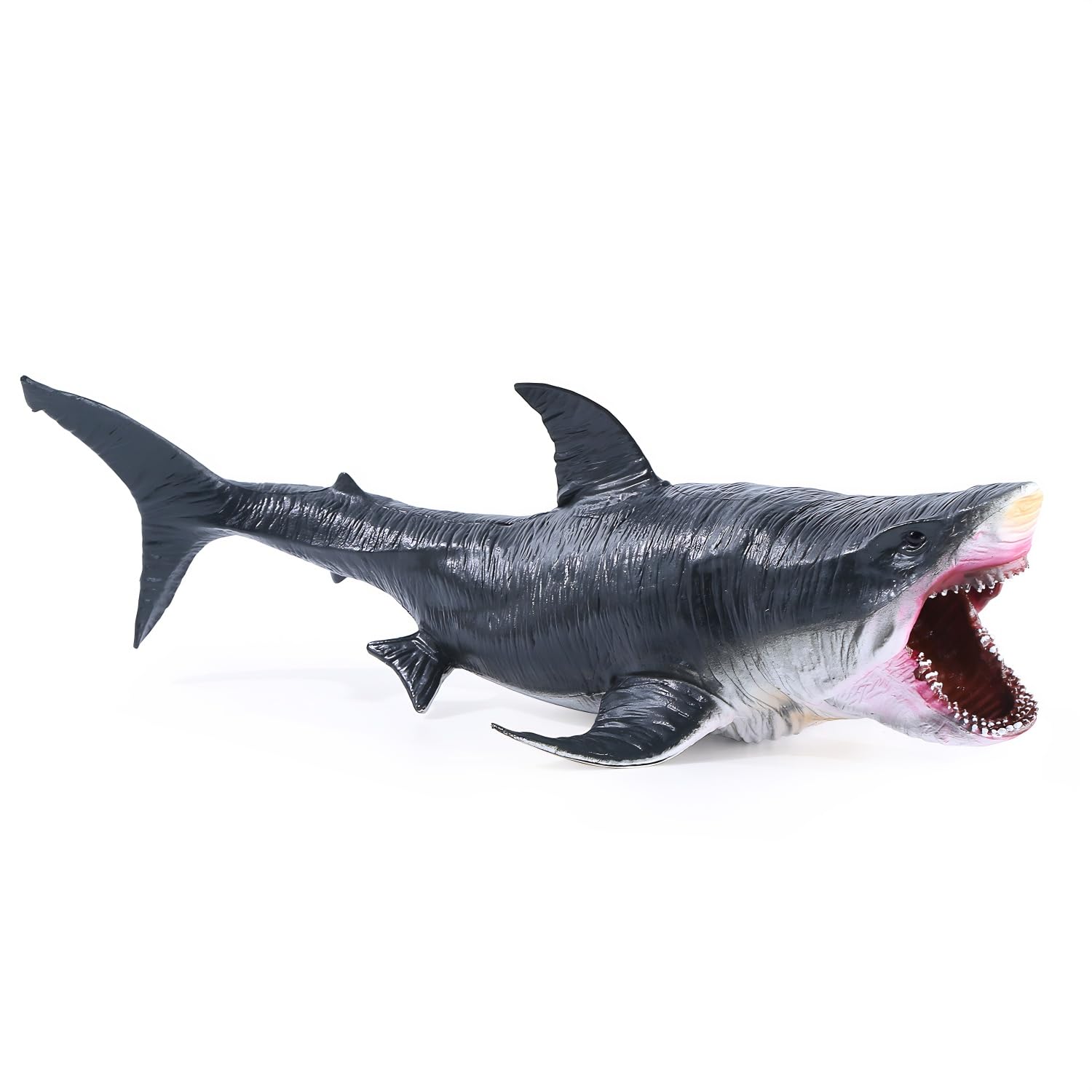 kukifun 11" Megalodon Shark Toy, Realistic Deep Sea Giant Ocean Animal Figure with Movable Jaw for Kids Party Favors Cake Decor Bath Play Collection