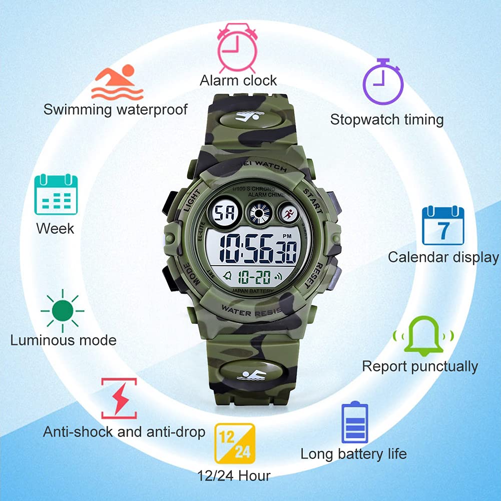 GOLDEN HOUR Watches for Kids Digital Sport Waterproof Boys Girls Watch Outdoor 12/24 H Alarm EL Backlight Stopwatch Military Child Wristwatch Ages 3-15