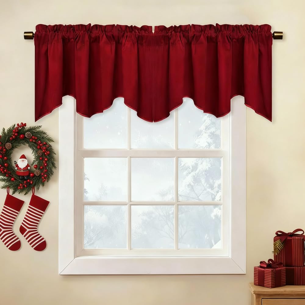 StangH Kitchen Red Scalloped Valance - 18 Inches Stylish Home Decor Thermal Curtain Tiers Room Darkening Velvet Drapes with Rod Pocket for Dining Room/Bay Window/Bedroom, 52 x 18-inch, 1 Piece