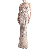MTVOPN Women's Deep V-Neck Sequins Backless Floor-Length Mermaid Evening Dress