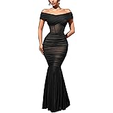 CurvySweet Women’s Convertible Off The Shoulder Maxi Dress Built-in Bra Bodycon Ruched Mesh Formal Evening Dresses for Women