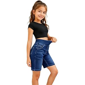 Girls' High Waisted Denim Bermuda Shorts, Stretchy Pull-On Knee Length Jorts with Pockets, Ages 5-15