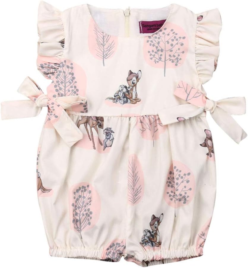 0-24M Baby Girls Back Zipper Romper Bodysuit Beige Pink Deer Jumpsuit Ruffled Dress Summer Casual Overall