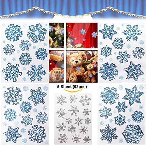 Modchan Christmas Window Stickers, 93 Snowflakes Window Clings Decals Stickers with Silver Glitter Clings Decal for Holiday Party Window Decorations Supplies - Glueless PVC Stickers
