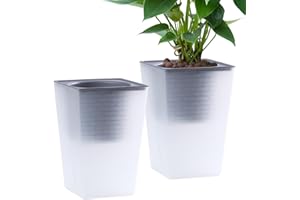Oliz Self Watering Planter 2 Pieces 6 Inch, Plastic Flower Pots with Inner Pot Indoor Plants Brick Pattern Flowerpot for Indoor Plants, African Violets, Flowers, Herbs (Hazy White)