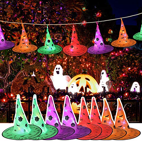 DECOMEN-Halloween-Decorations-Witch-Hats-with-LED-8pcs-Halloween-Outdoor-Witches-Hat-String-Lights-Halloween-Hanging-Decorations-for-Garden-Indoor-Yard-Tree-Party