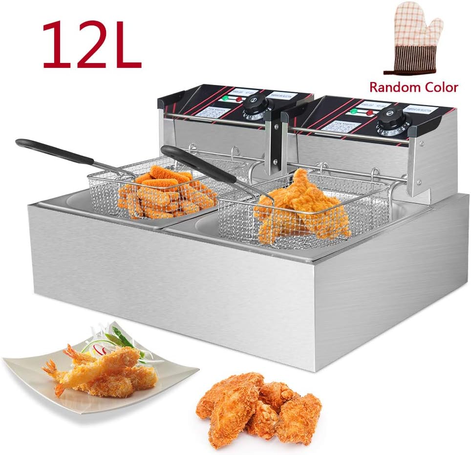 EOSAGA Electric Deep Fryer with Basket 12 Liter 1500W Each Countertop Deep Fryer Commercial Large TankStainless Steel French Fries Fryer Restaurant (12L W/Two Bakset)