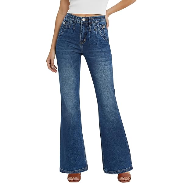 JC JQ High Waist Stretchy Flared Bottom Denim Jeans by Hifashion