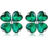 Reffeer Solid 925 Sterling Silver Four Leaves Clover Earrings Studs for Women Teen Girls Heart Cut Green CZ Clover Studs Earrings Leaf