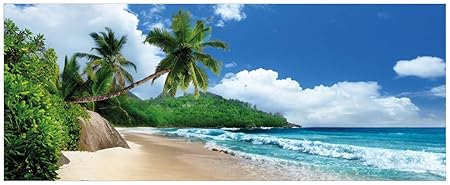 Wallario Acrylglasbild XXL Urlaub auf den Seychellen unter Palmen am Sandstrand - 80 x 200 cm in Premium-Qualität: Brillante 