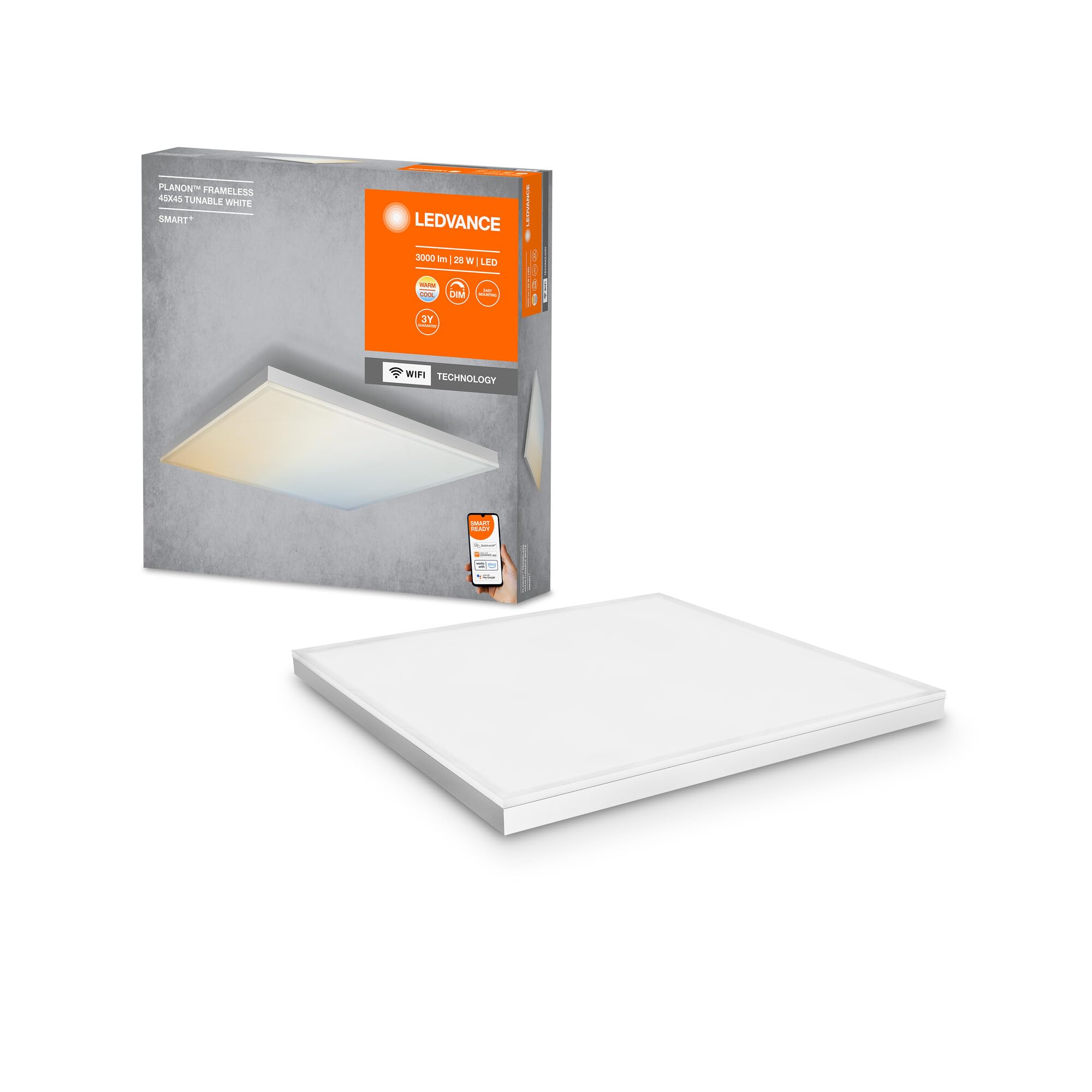 LEDVANCE Smart LEDCeiling Luminaire, Indoor Panel with WiFi Technology, Tunable White (3000K-6500K), 450 mm X 450 mm, Compatible with Google and Alexa Voice Control, Smart+ WiFi ORBIS Frameless