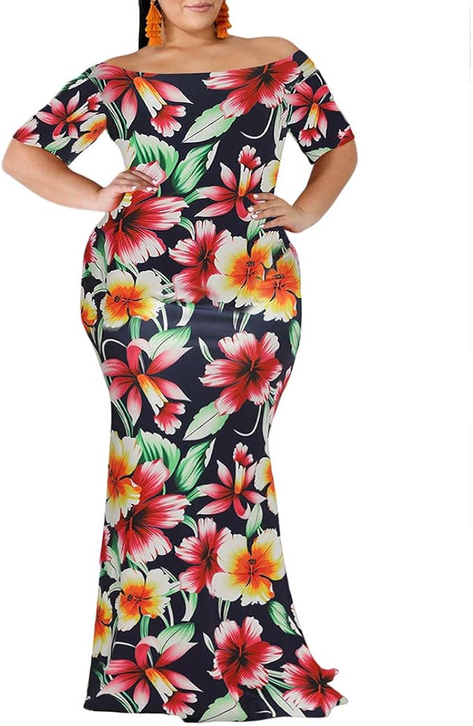 sexy orange red off shoulder floral print bodycon dress