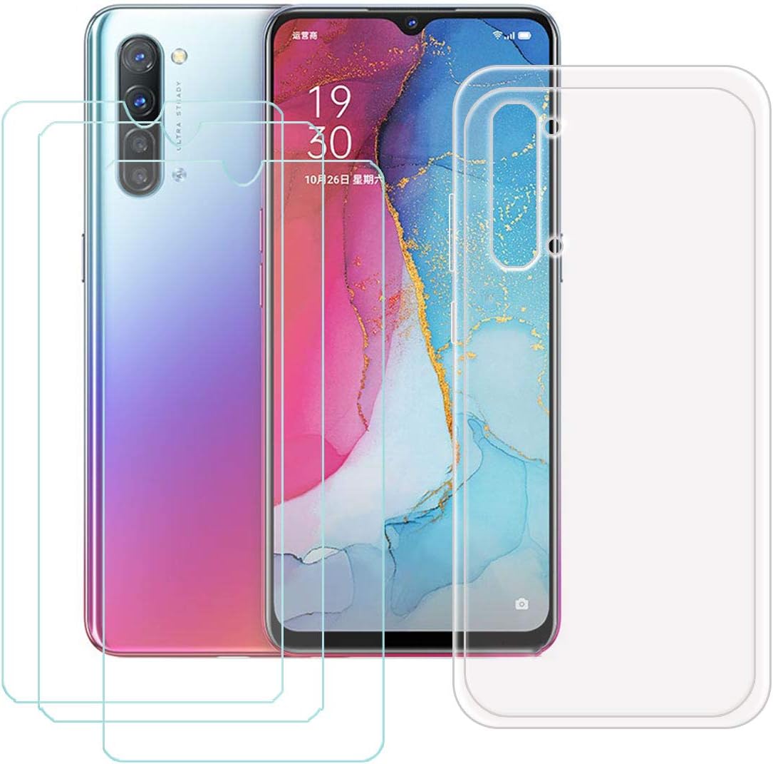 YZKJ Case for Oppo Reno 3 Cover + 3 x Screen Protector Tempered Glass Protective Film - Flexible Soft Gel Crystal Transparent TPU Silicone Protection Case for Oppo Reno 3 (6.4")