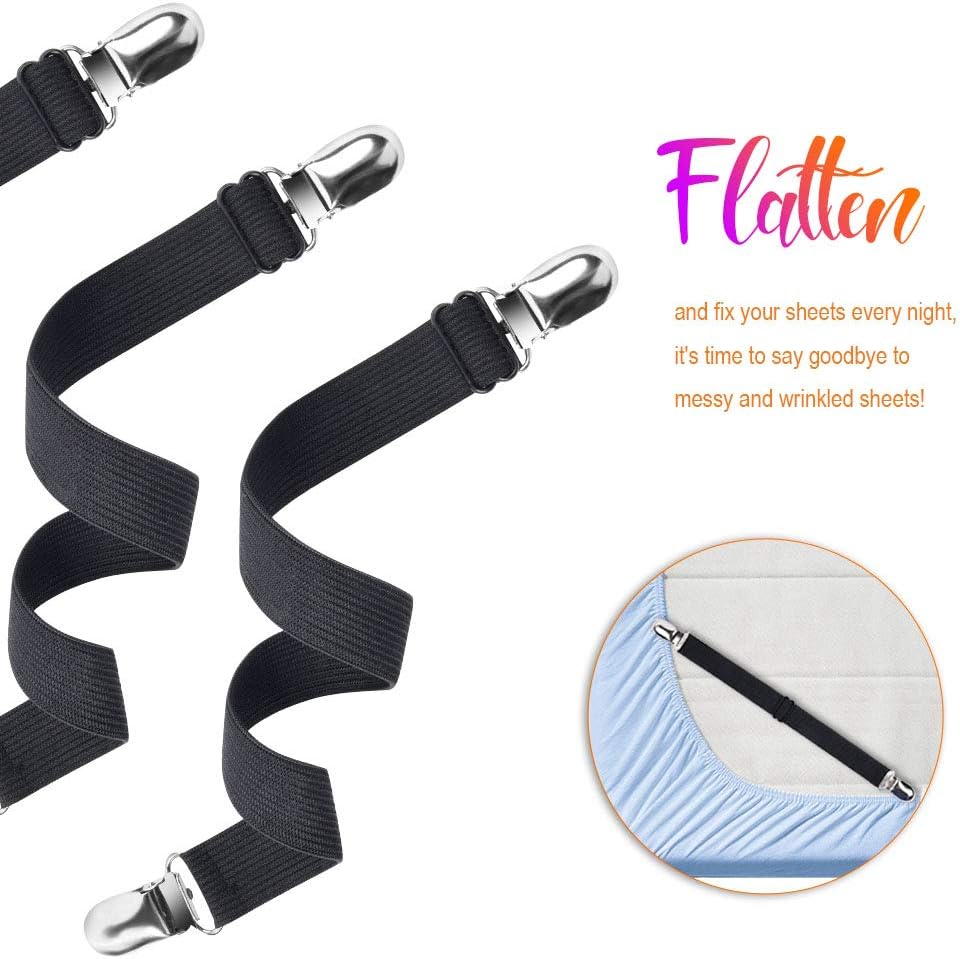 Sopito Bed Sheet Suspenders, 4PCS Adjustable Bed Sheet Holder Straps Sheet Fasteners Heavy Duty Bed Sheet Grippers for Mattresses Fitted Sheets Flat Sheets, Black: Home & Kitchen