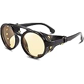 FEISEDY Retro Round Steampunk Sunglasses Women Men Vintage Eyewear Light Plastic Frame with Leatherwear B2532