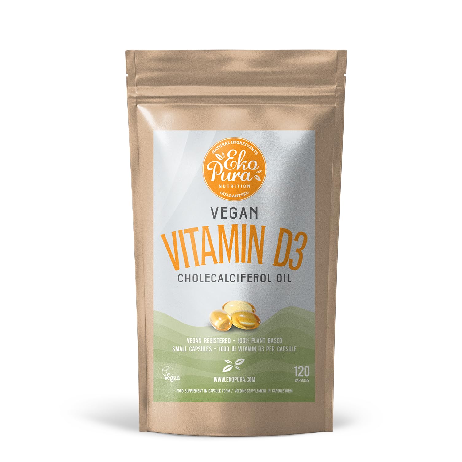 Ekopura Vegan Vitamin D3 Cholecalciferol Oil - 120 Capsules (1000 iu/Capsule) | Gluten Free, Soy Free, Non-GMO | Supplement for Strong Bones, Muscles, Teeth, and Immune System | 4 Months Supply