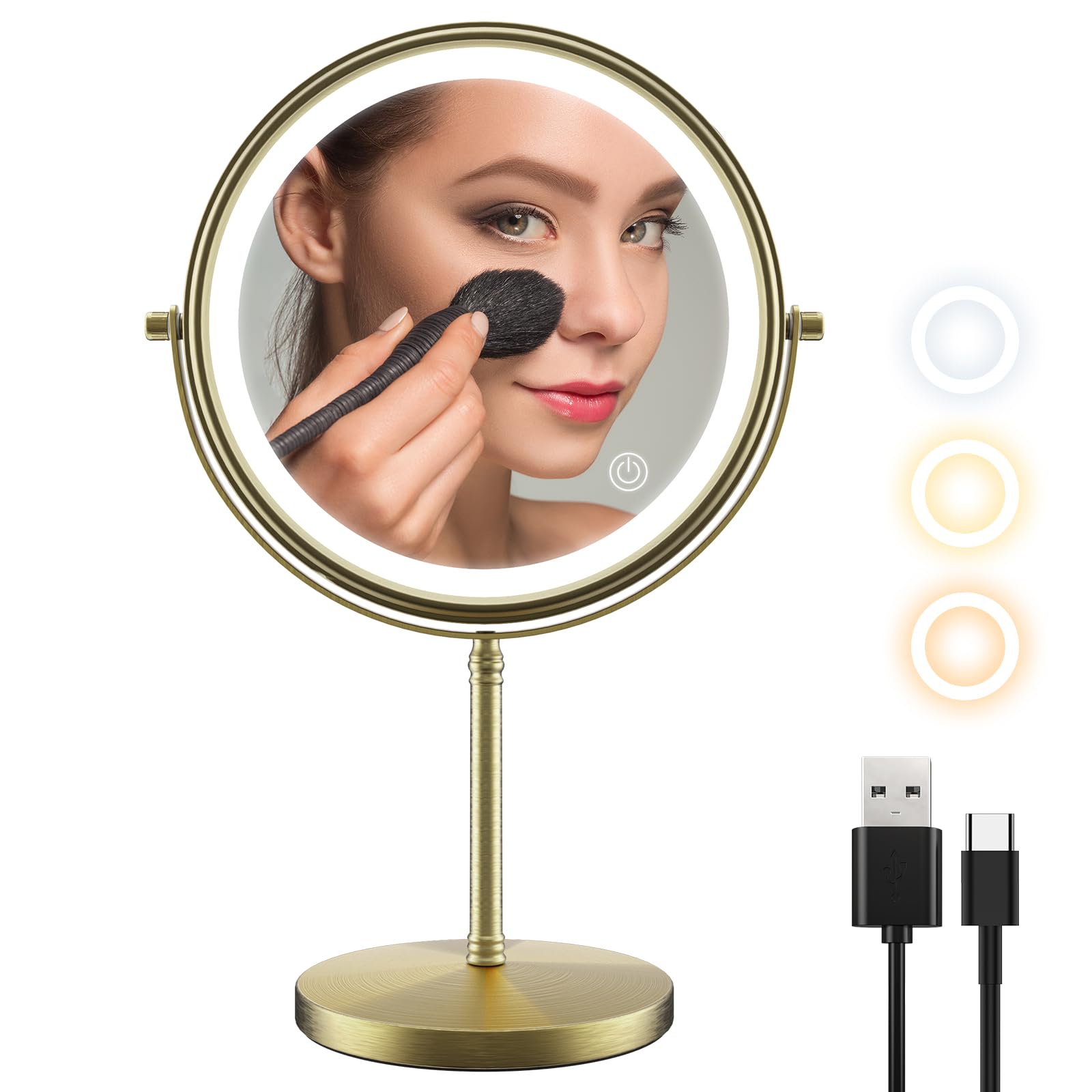 zelaxy Makeup Mirror with Lights 8 Inch, Vanity Mirror Rechargeable Double Sided 1X 10X Magnifying, Led Mirrors with 3 Color Lighting, Touch Sensor Dimming, Brightness Adjustable (Bronze)