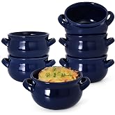 Vumdua Soup Bowls with Handles, 16 Oz Ceramic French Onion Soup Bowls - Stackable Soup Crocks Oven Safe for Cereal, Chilli, Pot Pies, Dishwasher Microwave Safe, Set of 6, Blue