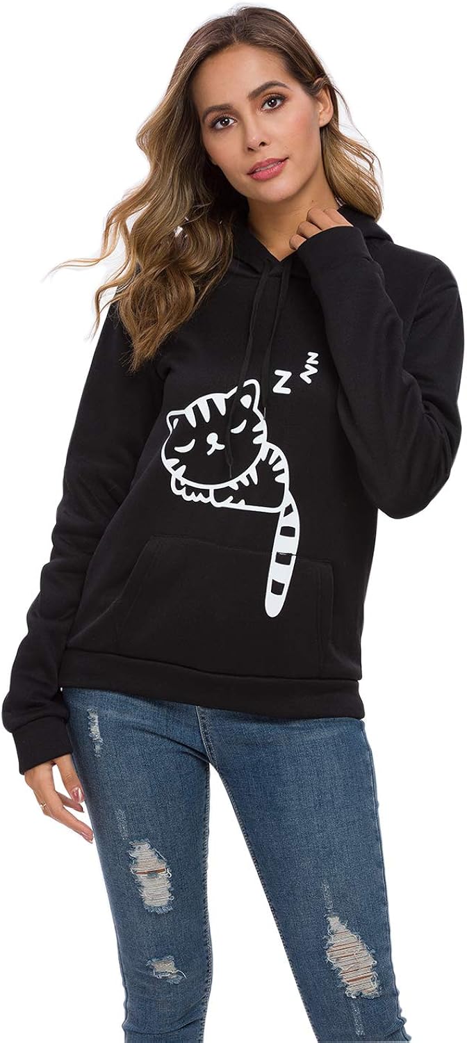 Women Teen Girls Cat Hoodie Sweatshirt Cute Cat Ear Sleeping Cat Printed Pullover Sweatshirt: Clothing