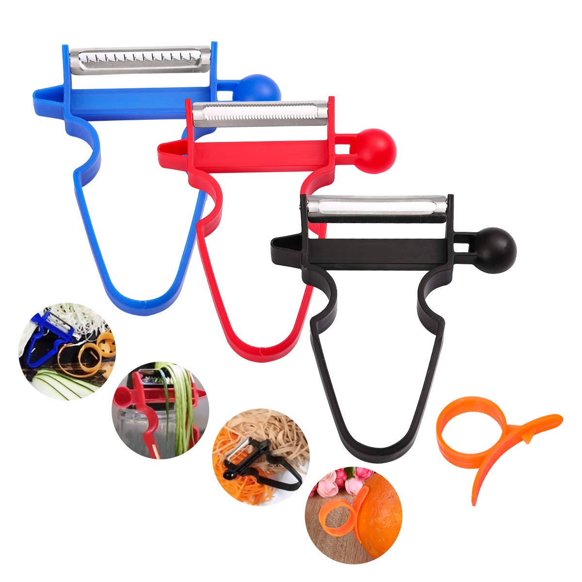 Magic Trio Peelers Set of 3 Potato Fruits Peeler Cabbage Stainless Steel Shredder Slicer with Plastic Orange Peeler (1Pcs/Set)