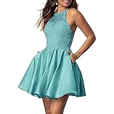 Tvuyet Lace-Applique Short Homecoming Dresses for Women with Pockets Satin Beaded Prom Cocktail Dress for Teens
