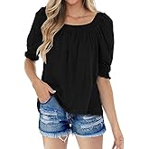 Sovelen Womens Casual Square Neck Puff Half Sleeve Tops Pleated Loose Basic Summer T Shirts Blouses