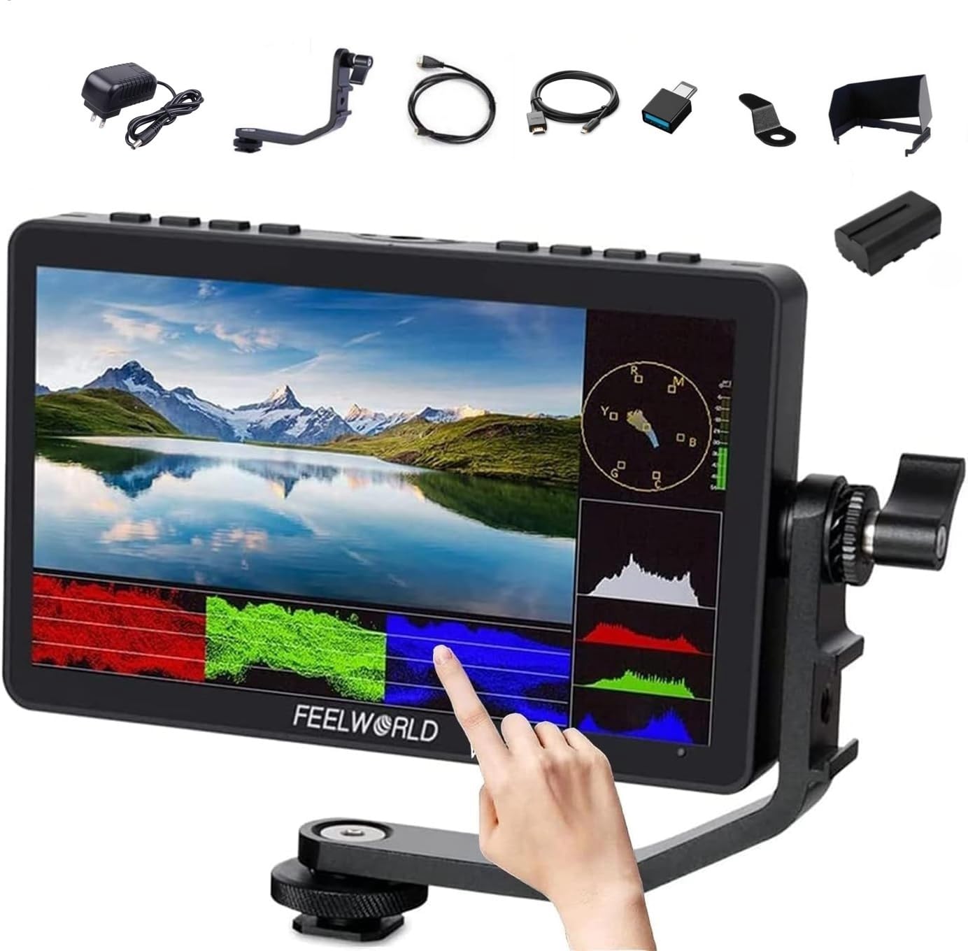 FEELWORLD F5 Pro 5.5 Inch Field Monitor 4K 1920x1080 DSLR HDMI Touch Scree Camera IPS FHD Video Assist 5V Type-C Input Tilt Arm (F5 Pro with Power Adapter)