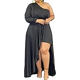 Ekaliy Women's Plus Size One Shoulder Maxi Dress Long Sleeve High Low Irregular Hem Flowy Long Party Cocktail Dress